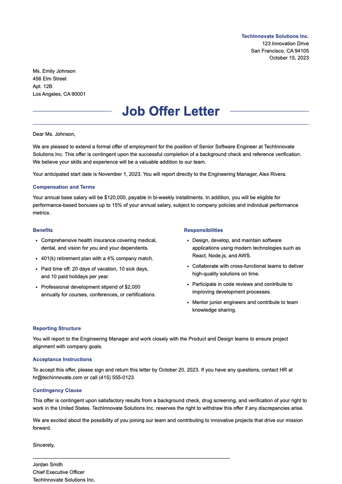 Professional job offer letter template with placeholders_variant_3